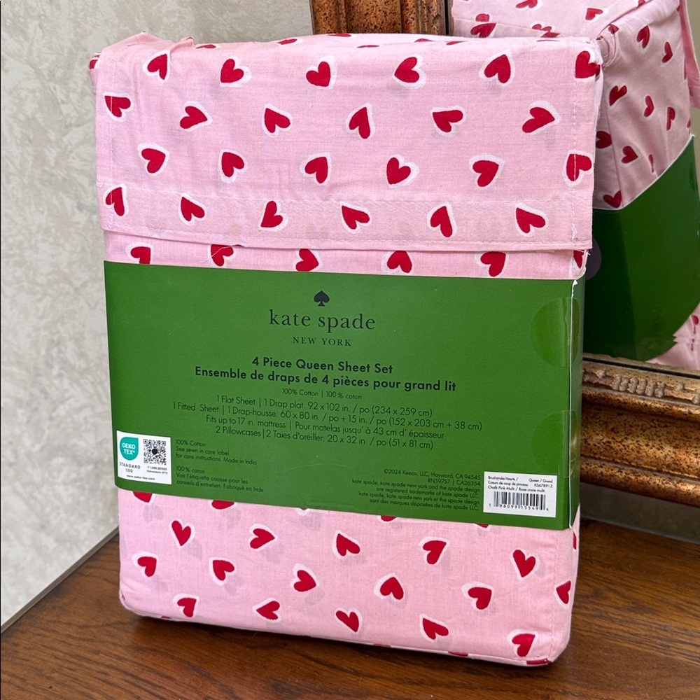 Kate Spade Pink and Red Heart Queen Sheet Set. Pink background. 100% cotton. - Picture 6 of 9
